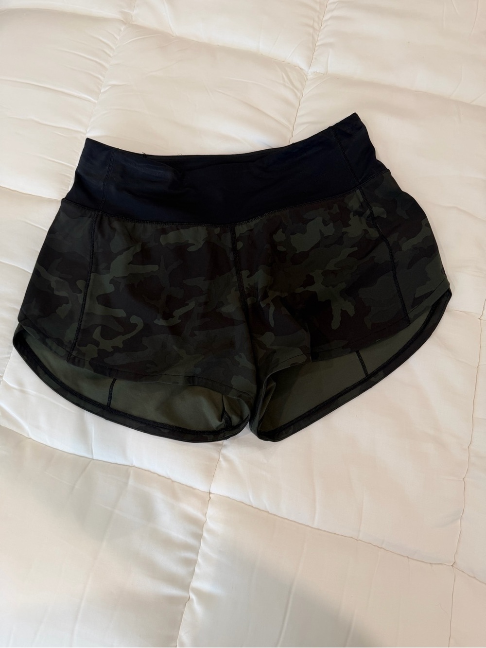 lululemon athletica Dark Green Camo Running Shorts with Black Waistband